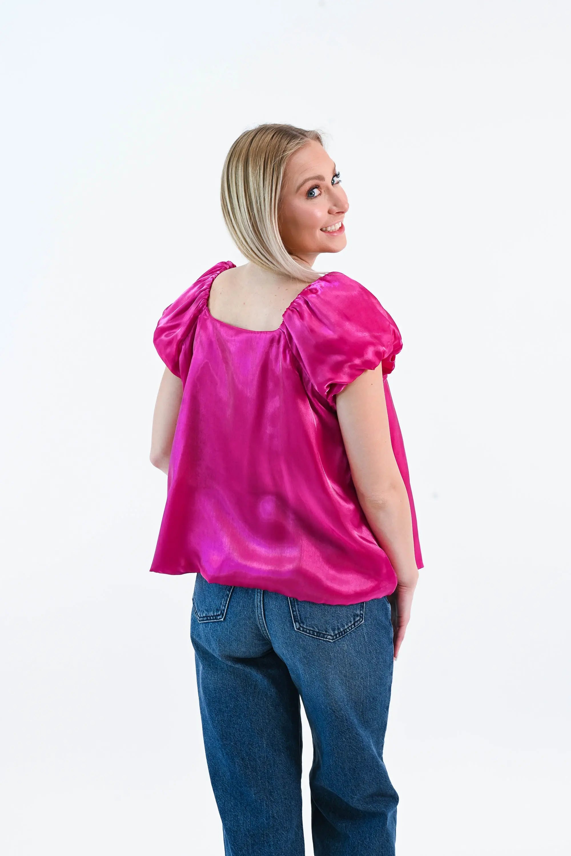 Until I Found Her Puff Sleeve Satin Top She Sky