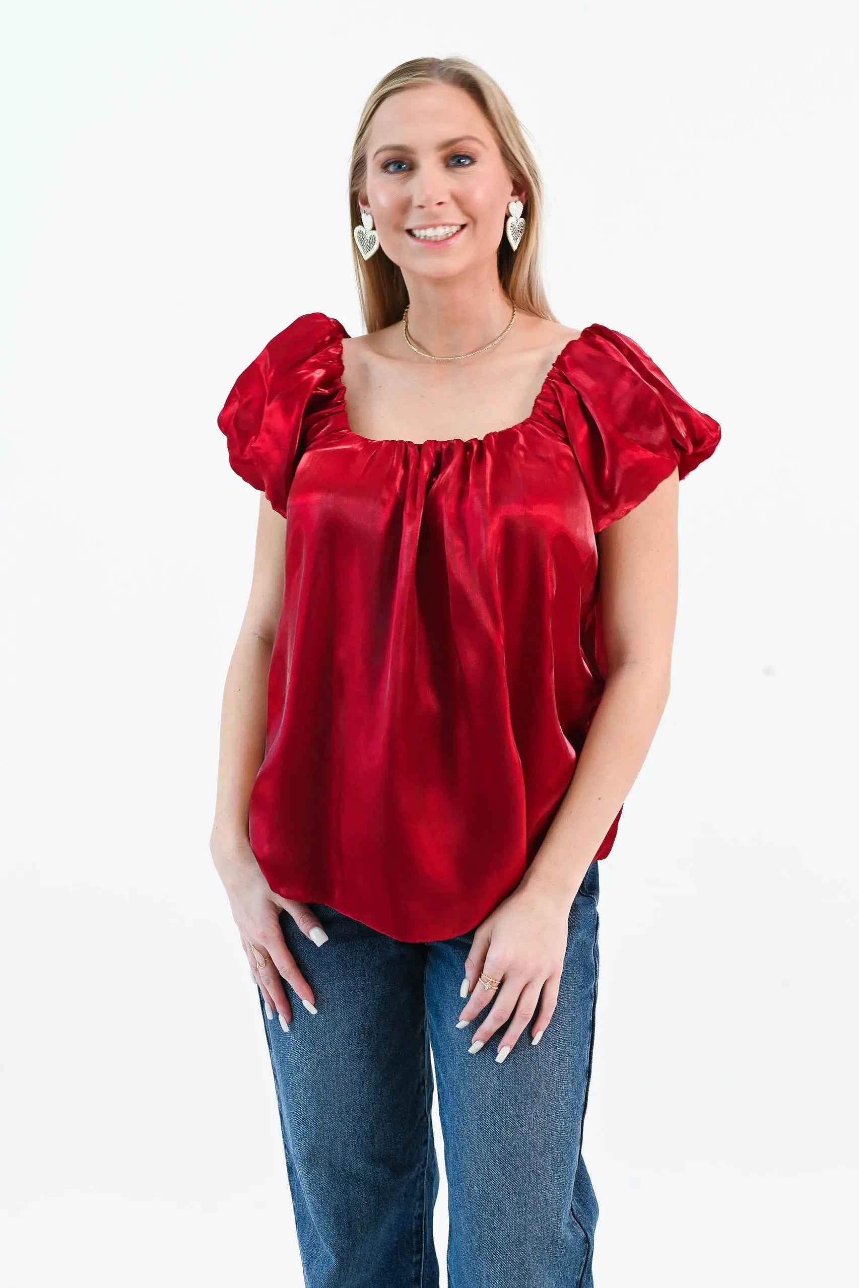 Until I Found Her Puff Sleeve Satin Top She Sky