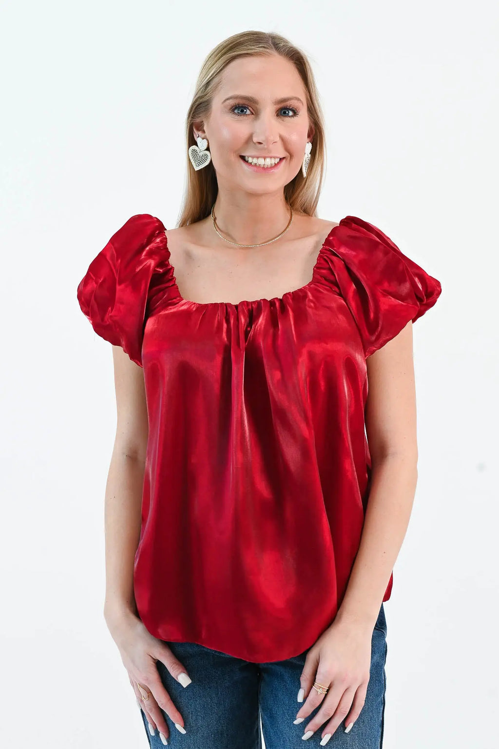 Until I Found Her Puff Sleeve Satin Top She Sky