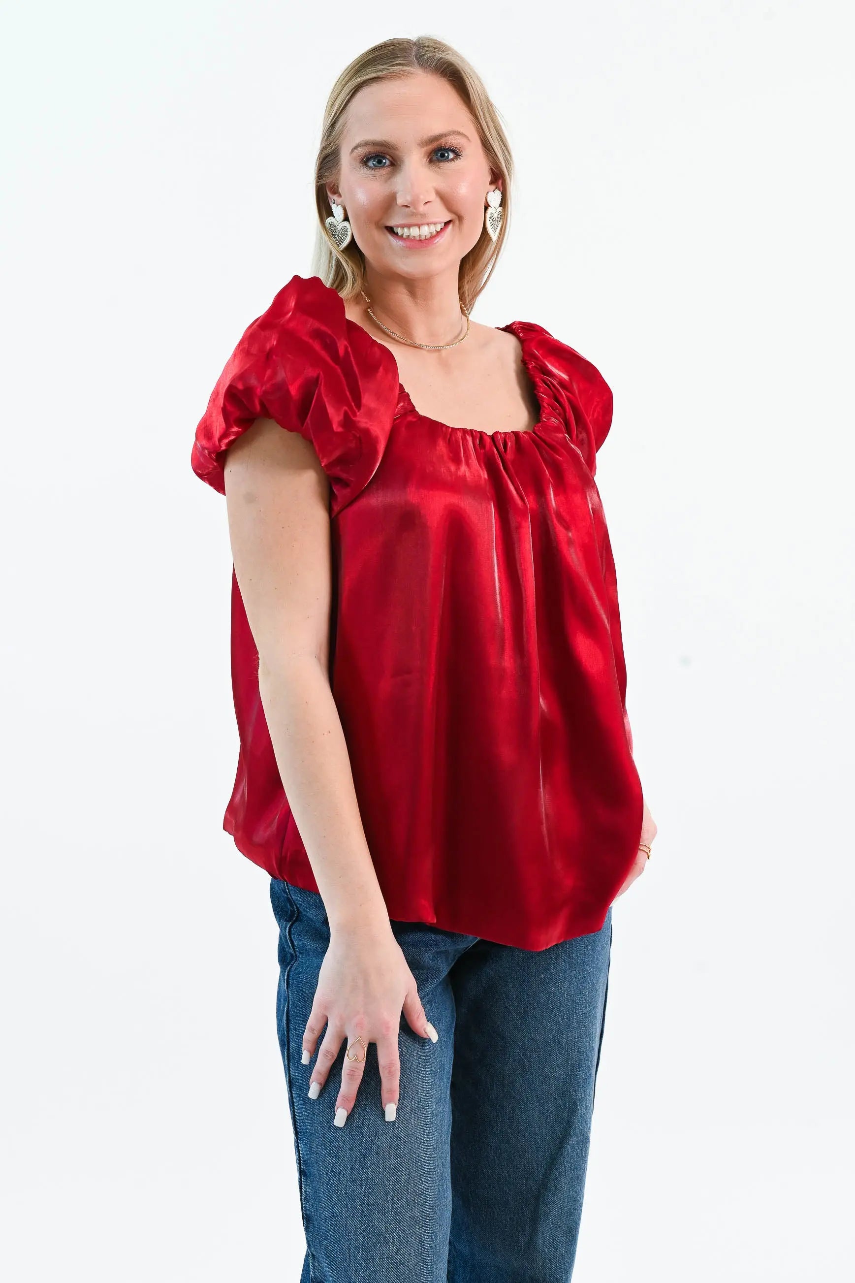 Until I Found Her Puff Sleeve Satin Top She Sky