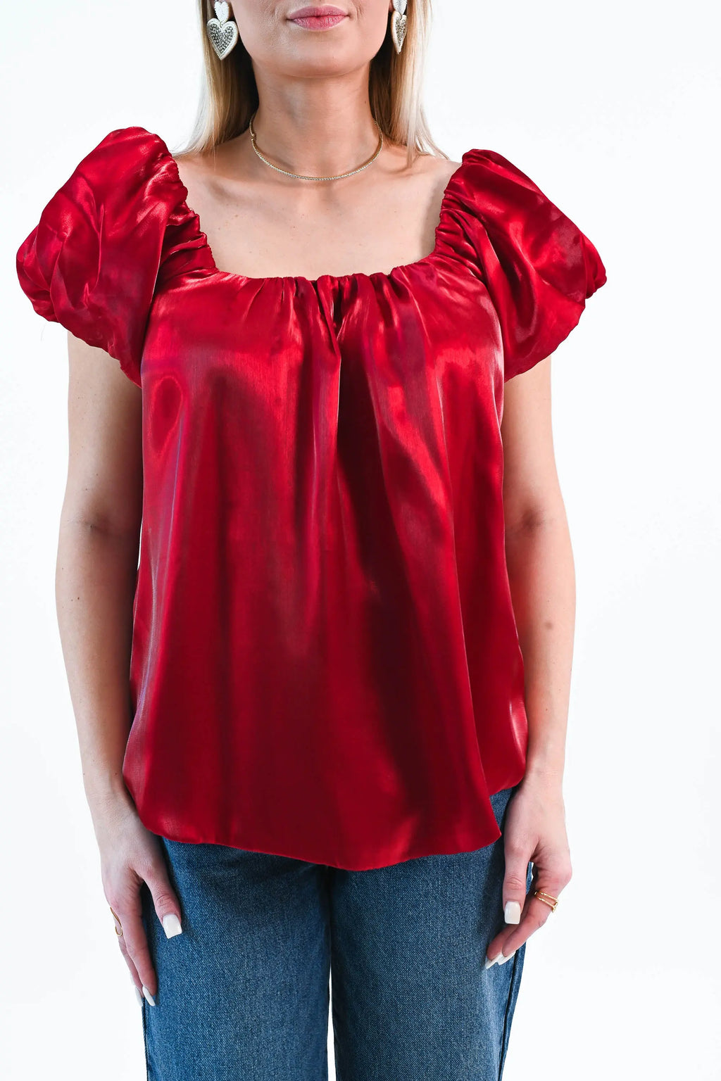 Until I Found Her Puff Sleeve Satin Top She Sky