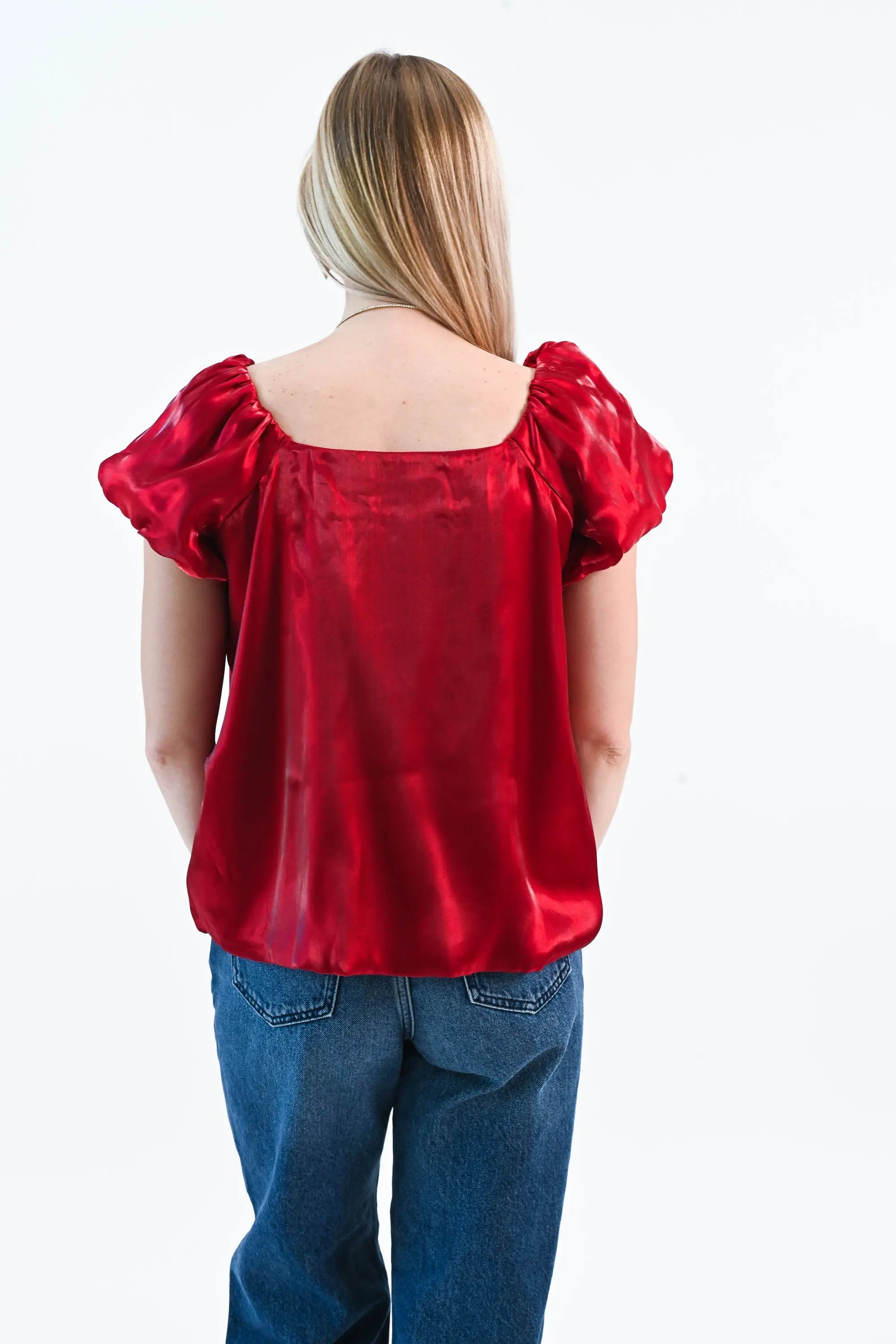 Until I Found Her Puff Sleeve Satin Top She Sky