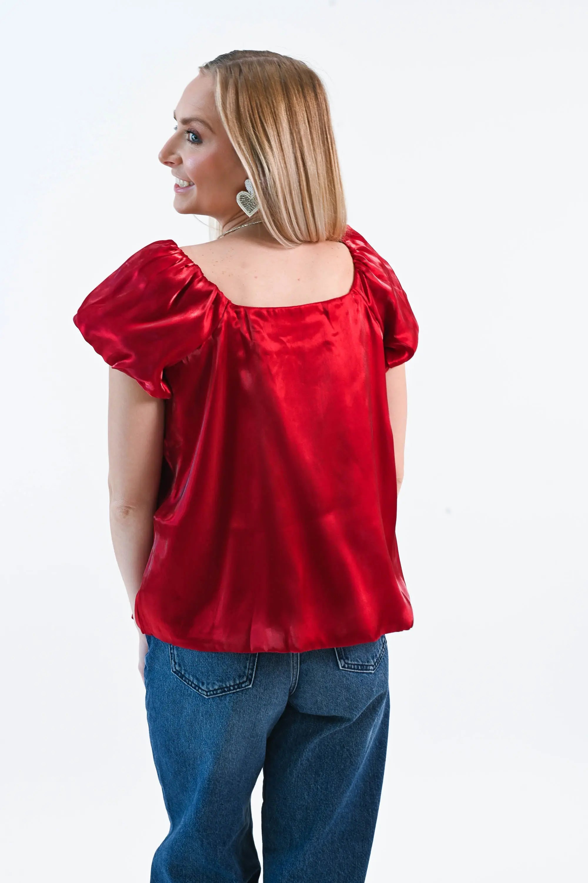 Until I Found Her Puff Sleeve Satin Top She Sky