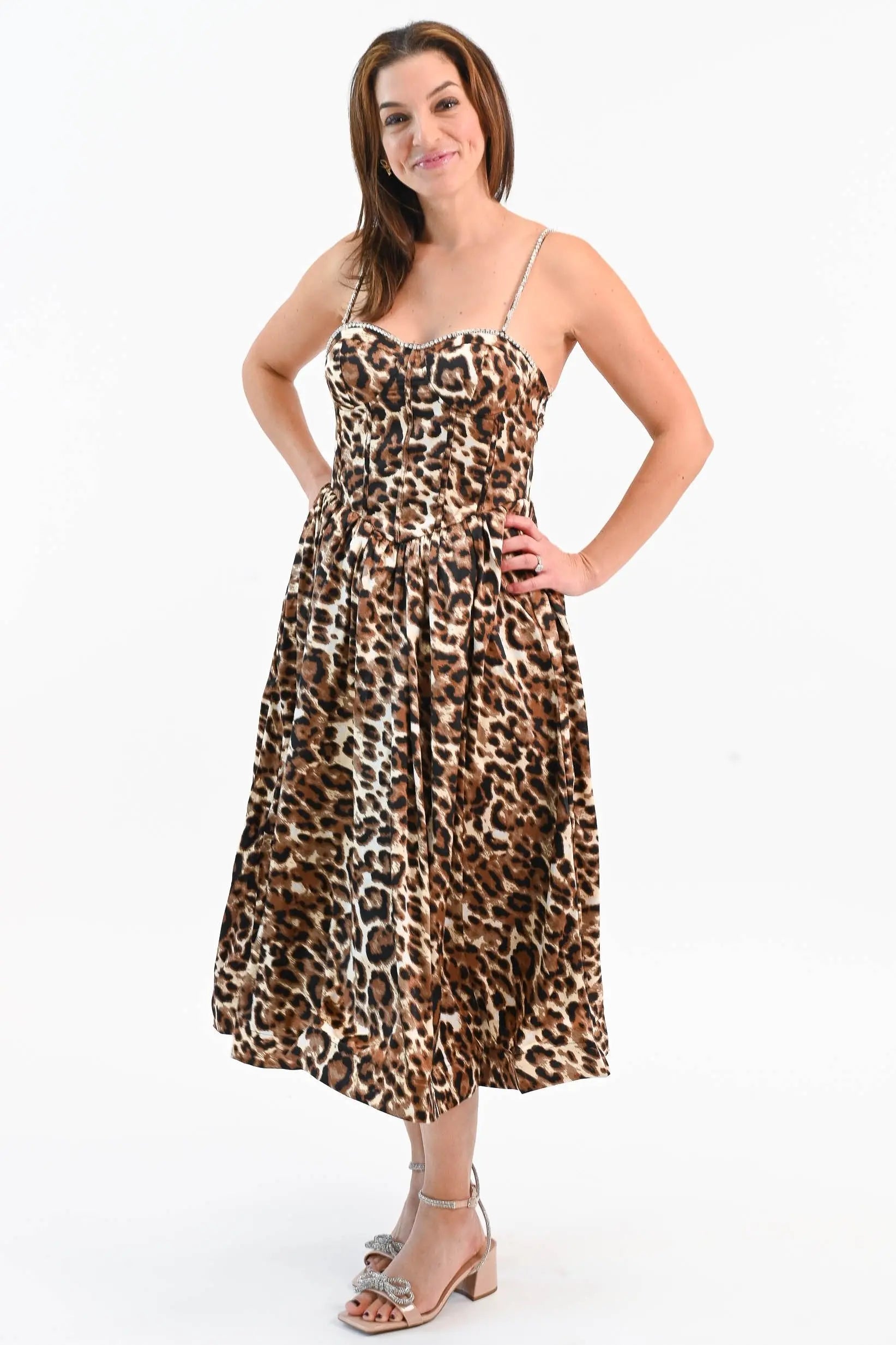 That Don't Impress Me Much Leopard Midi Dress with Rhinestone Main Strip