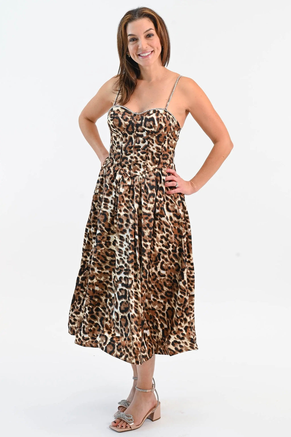 That Don't Impress Me Much Leopard Midi Dress with Rhinestone Main Strip