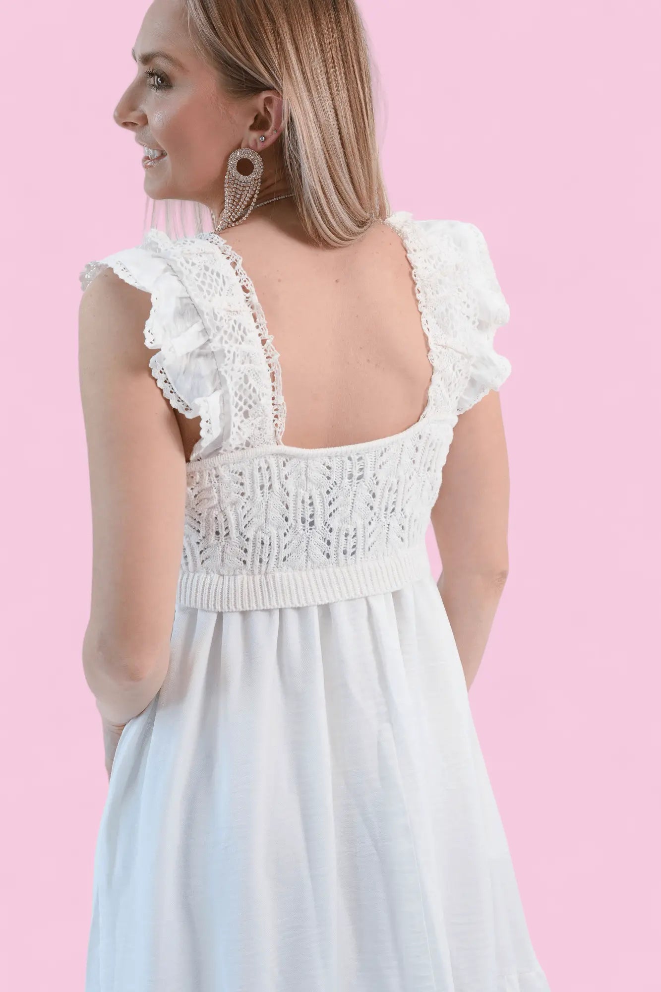 Just Getting Started Crochet Lace Ruffle Sleeve Dress Davi & Dani