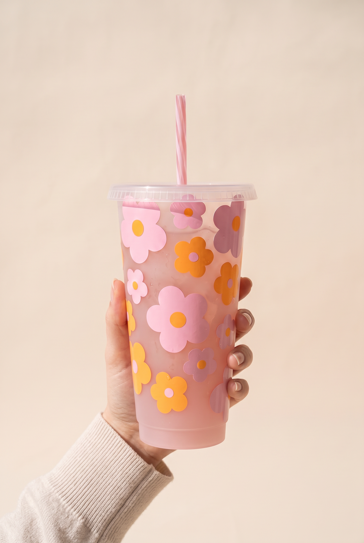 Myla retro flowers iced coffee cup held in one hand, showing the true size of the 24 oz cup