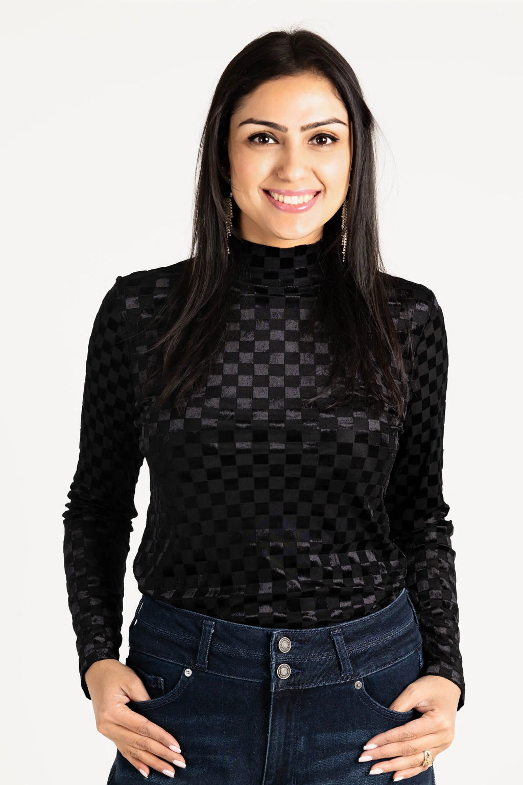 Everybody Needs Someone Velvet Checker Mock Neck Top KORI