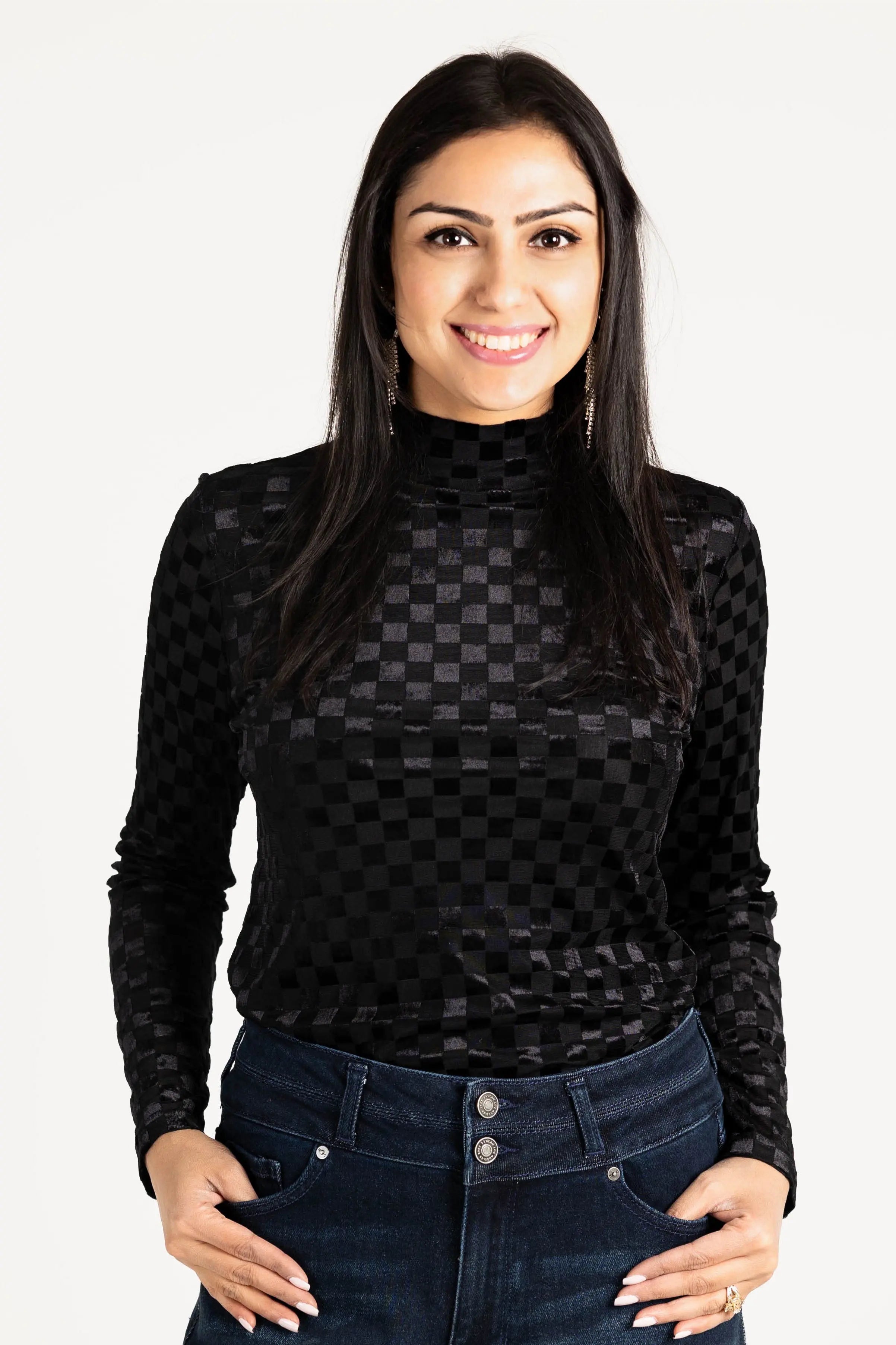 Everybody Needs Someone Velvet Checker Mock Neck Top KORI