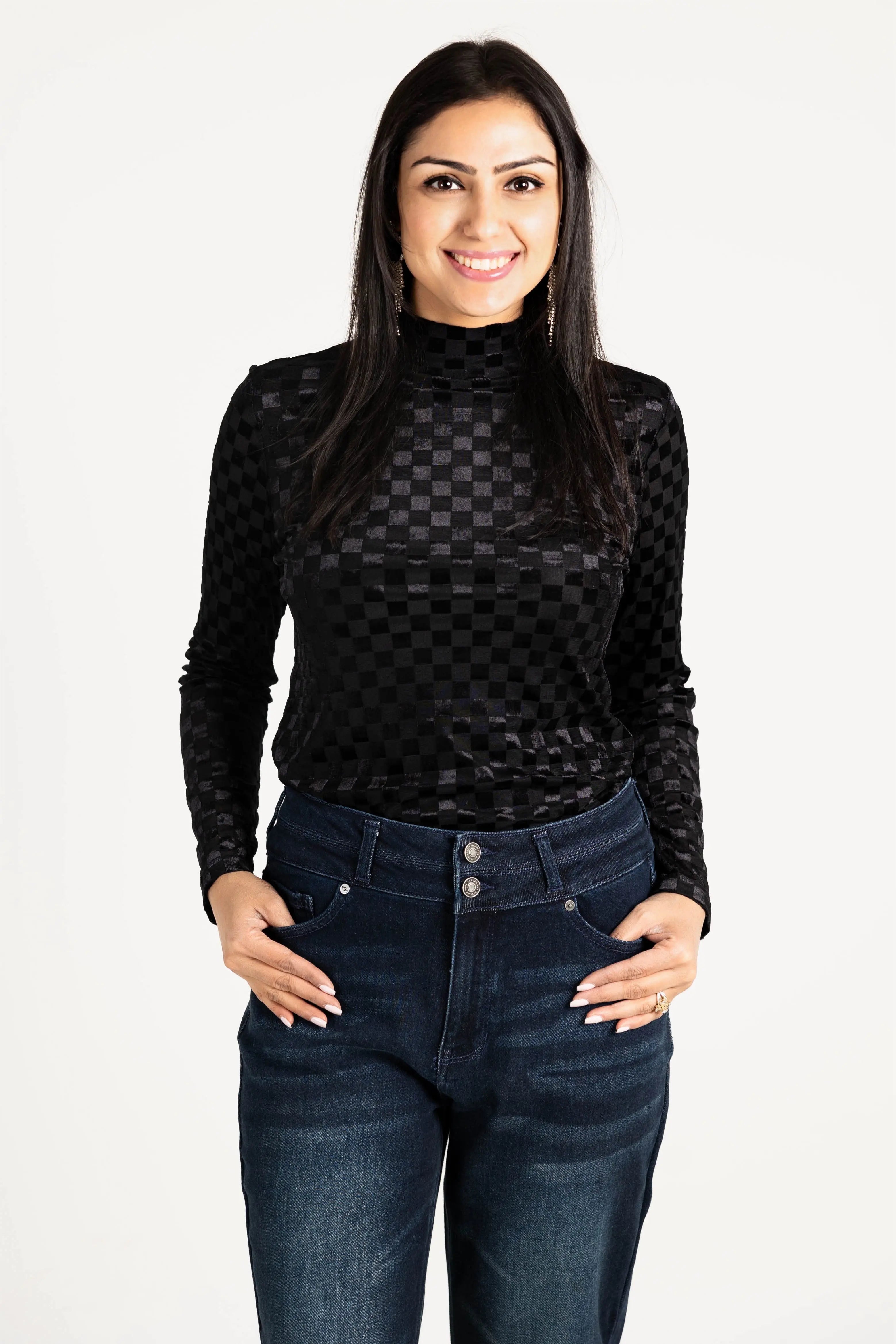 Everybody Needs Someone Velvet Checker Mock Neck Top KORI
