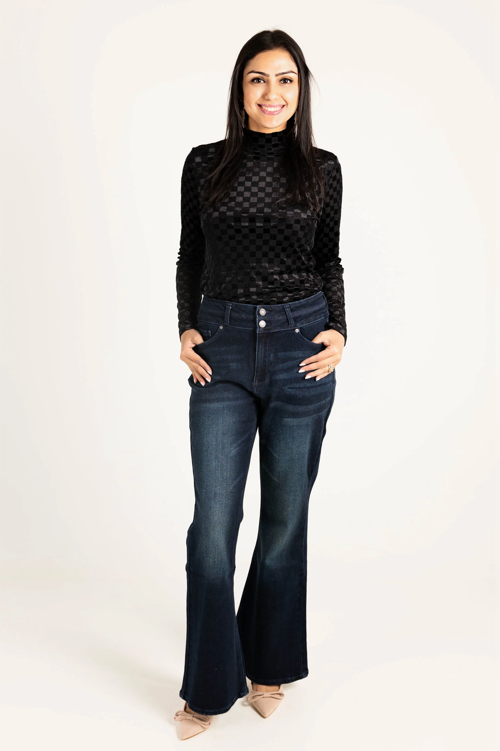 Everybody Needs Someone Velvet Checker Mock Neck Top KORI
