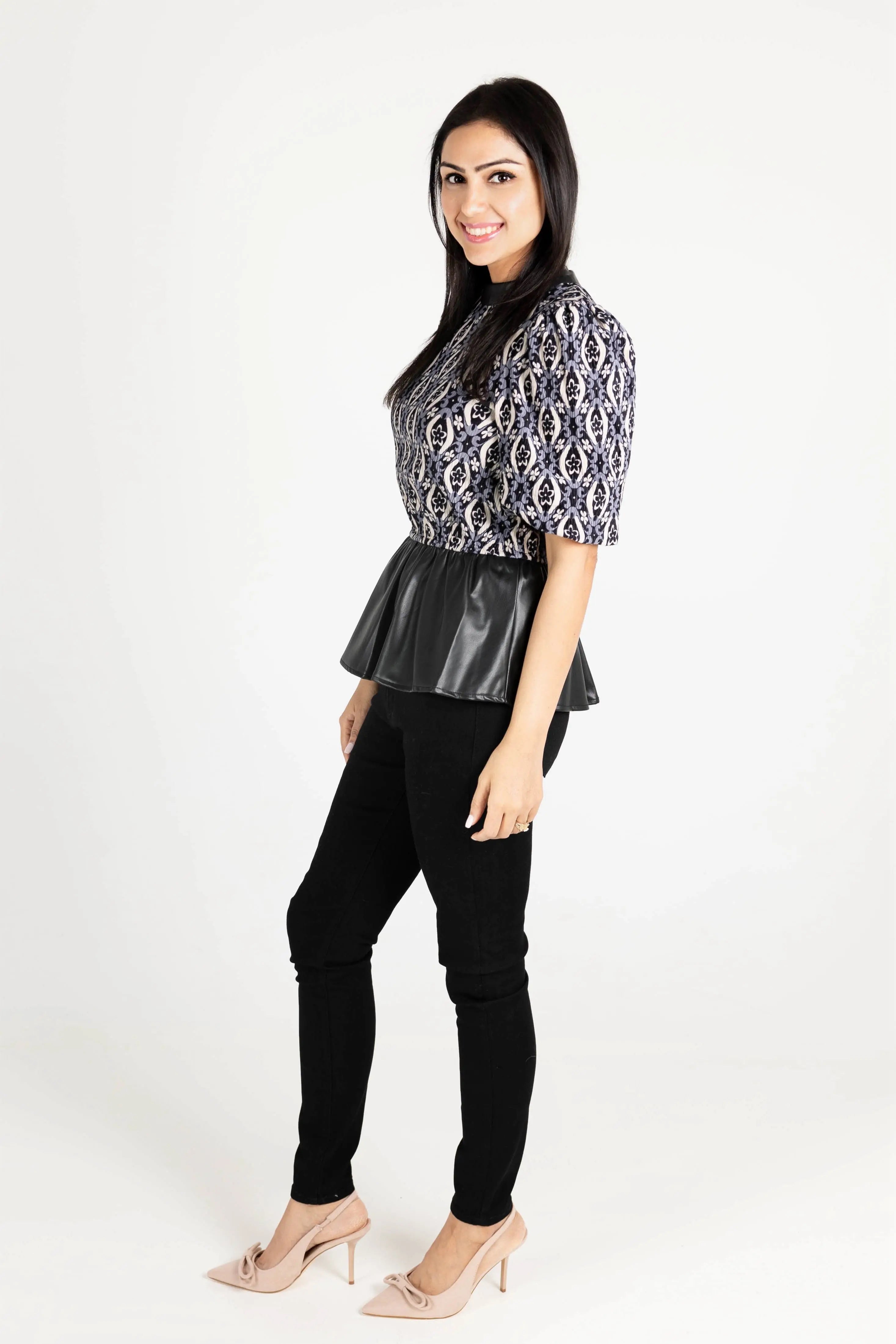 Last Night Vegan Leather Detail Peplum Top Voy
