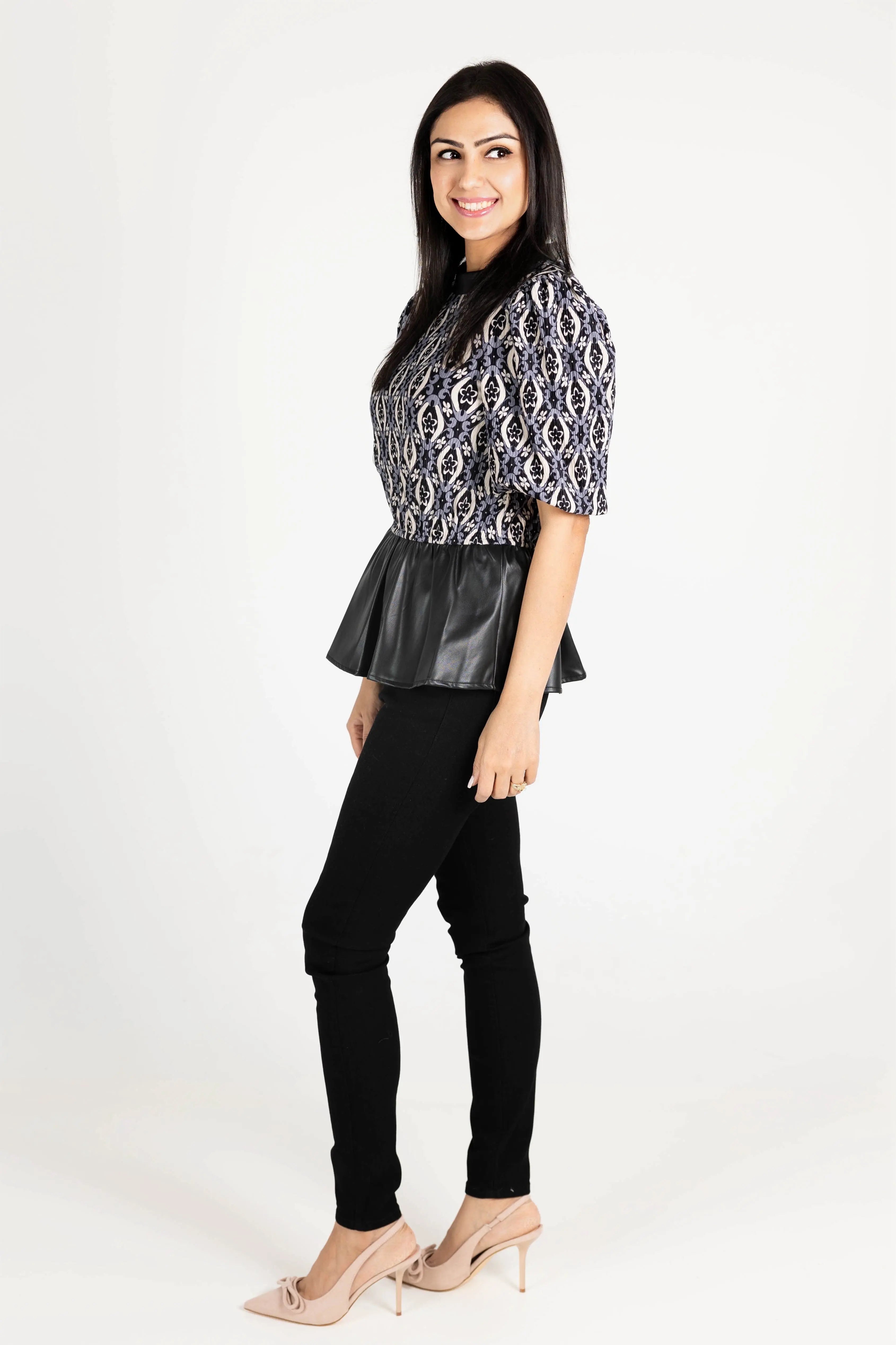 Last Night Vegan Leather Detail Peplum Top Voy