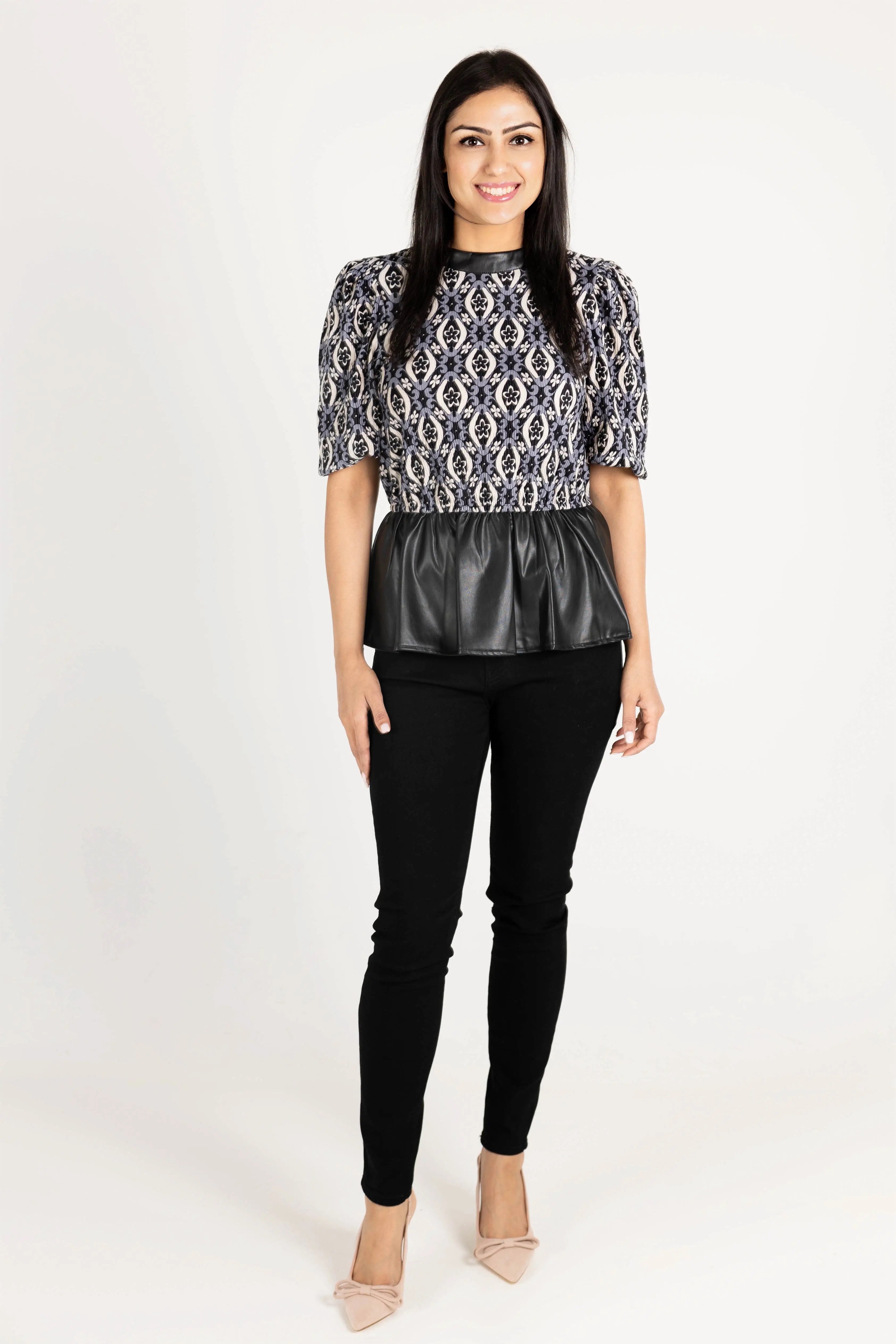 Last Night Vegan Leather Detail Peplum Top Voy
