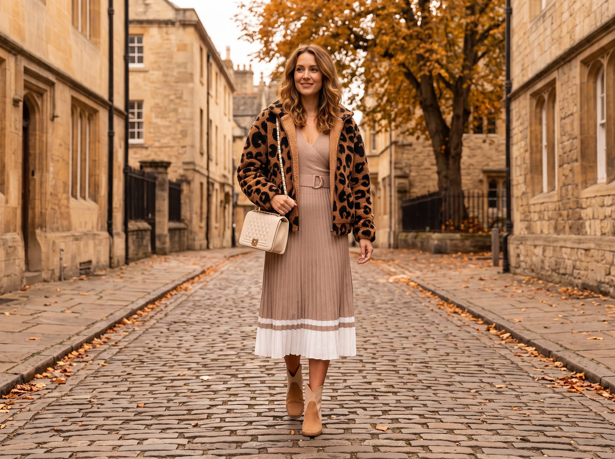 A woman in a beige pleated sweater dress, a leopard sherpa jacket, tan ankle booties and a cream quilted bag walks down a cobblestone street with autumn leaves