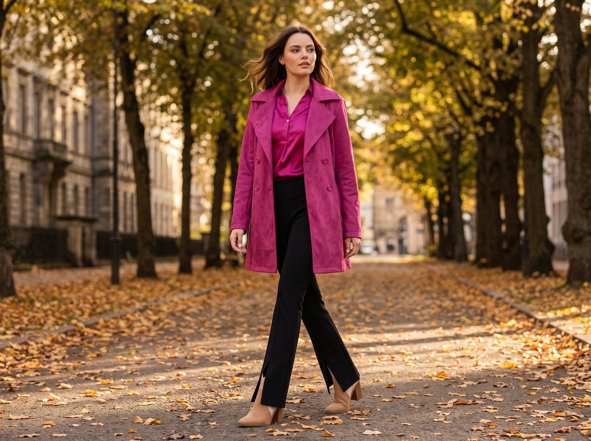 A woman in a berry pink suede trench coat over a fuchsia satin blouse, black flare pants and tan booties walks down a tree-lined avenue covered in autumn leaves