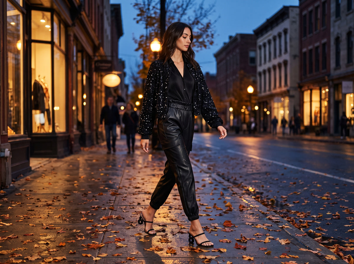 A woman in a black sequin bomber jacket, black top, black faux leather jogger pants and black heel sandals, walking on a city street at dusk in autumn