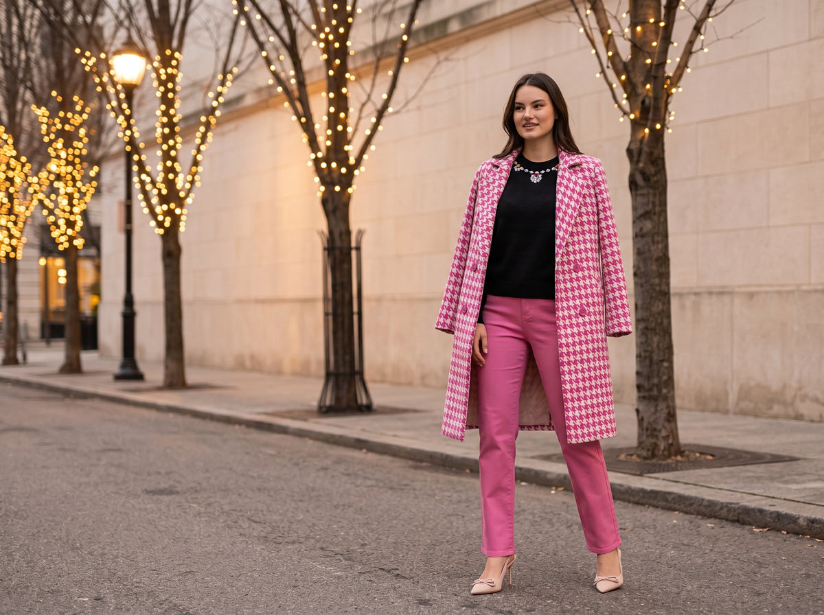 A woman in a black sweater with a jewelled neckline, pink straight-leg pants, a pink houndstooth coat and beige slingback heels