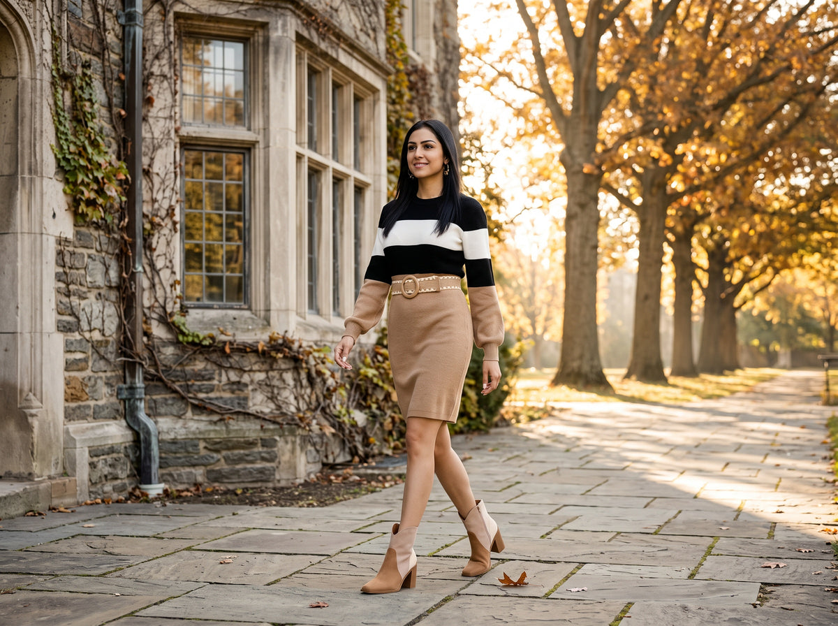 A woman in a black, white and camel color block sweater dress with a braided belt, tri-tone booties and gold hoops, by a stone building in autumn