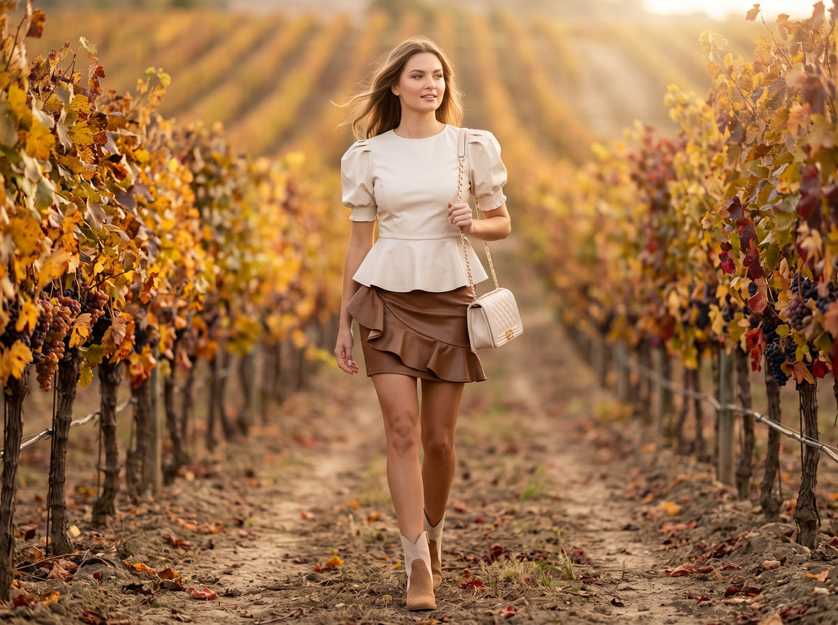 A woman in a brown faux leather ruffle mini skirt, a cream puff-sleeve peplum top, tan booties and a cream quilted bag walks through an autumn vineyard