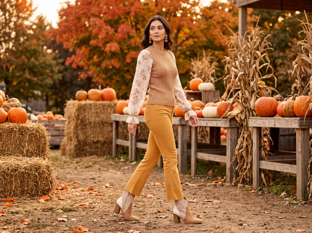 A woman in a camel knit sweater with sheer floral sleeves, mustard kick flare pants, tri-tone booties and pumpkin earrings, at a pumpkin patch