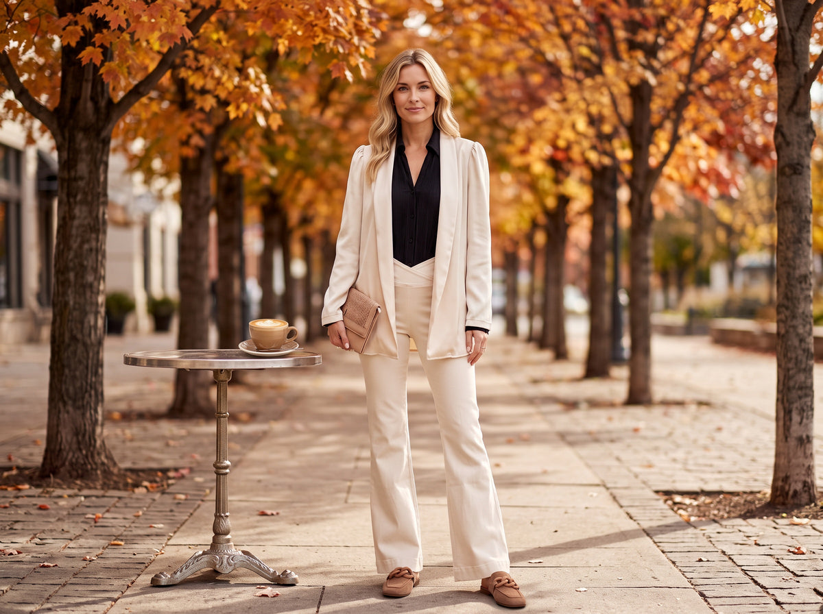 A woman in a cream cardigan blazer over a black top, cream flare jeans and suede mules stands beside a bistro table with a latte on an autumn sidewalk