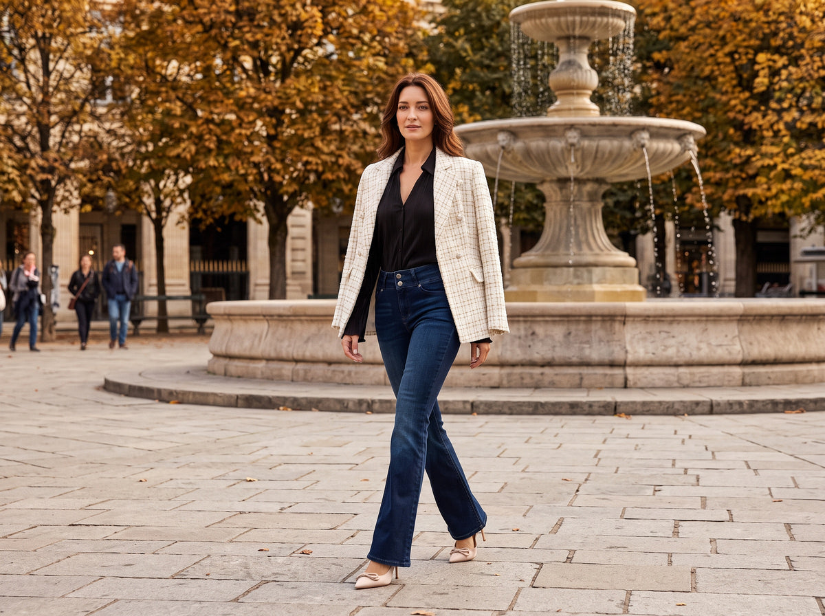 A woman in a cream tweed jacket over a black top, dark flared jeans and beige slingback heels walks past a stone fountain in an autumn city square
