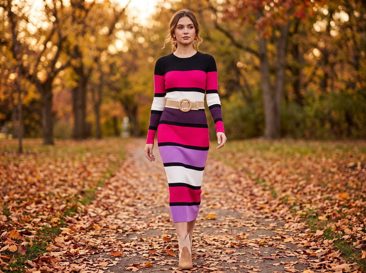 A woman in a fitted pink, purple, black and white striped sweater dress with a braided wooden-buckle belt and tan booties, on a leafy park path