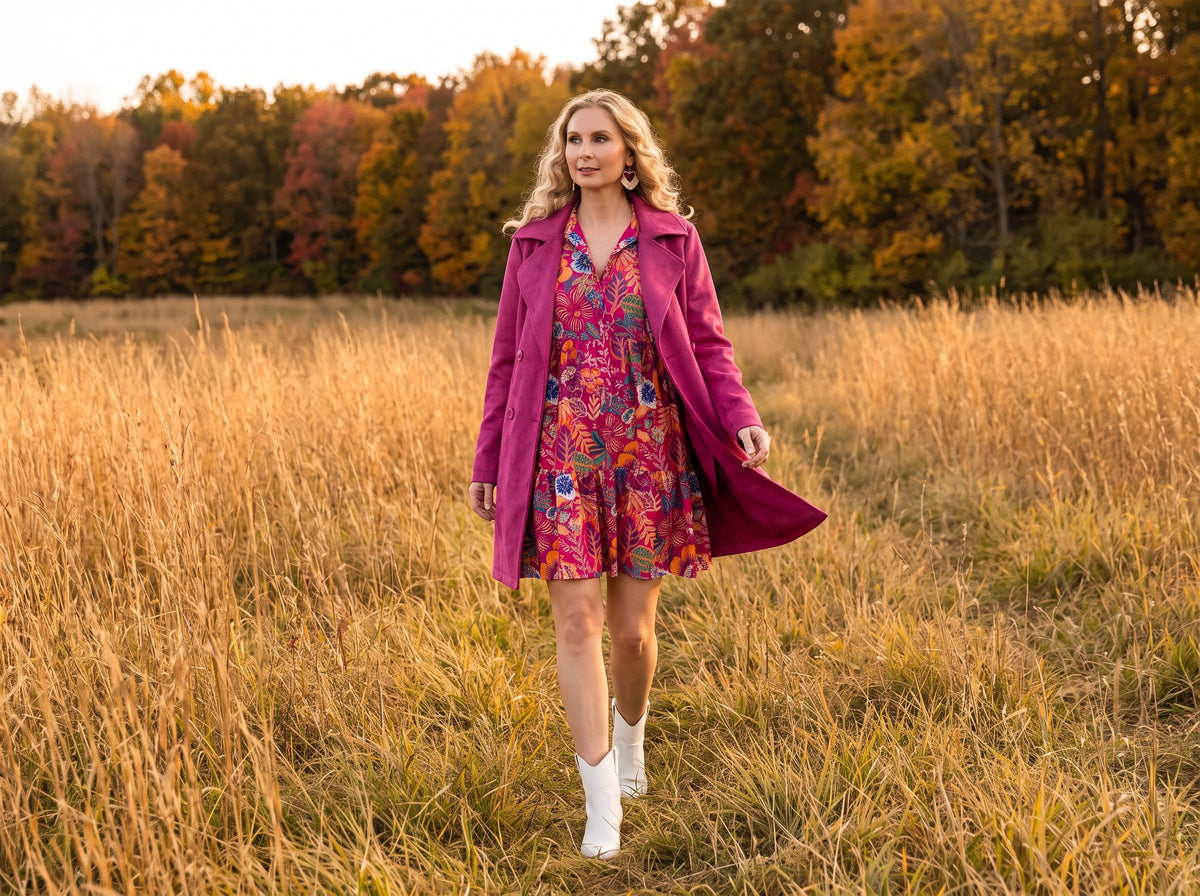 A woman in a floral tiered mini dress, a berry pink suede trench coat and white western booties walks through a golden meadow at sunset