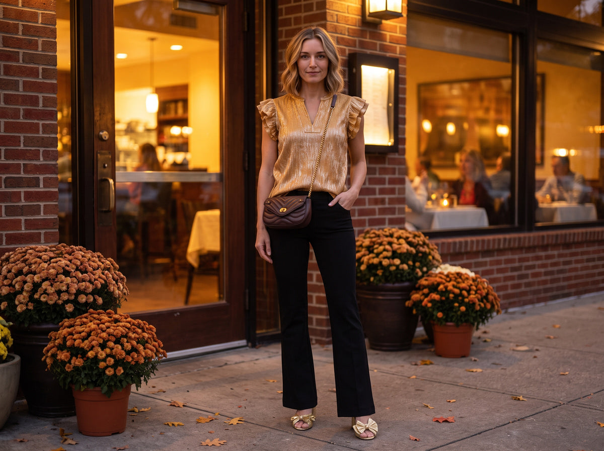 A woman in a gold ruffle-sleeve top, black flare pants, gold bow sandals and a quilted crossbody bag stands by a warmly lit restaurant at dusk among potted mums