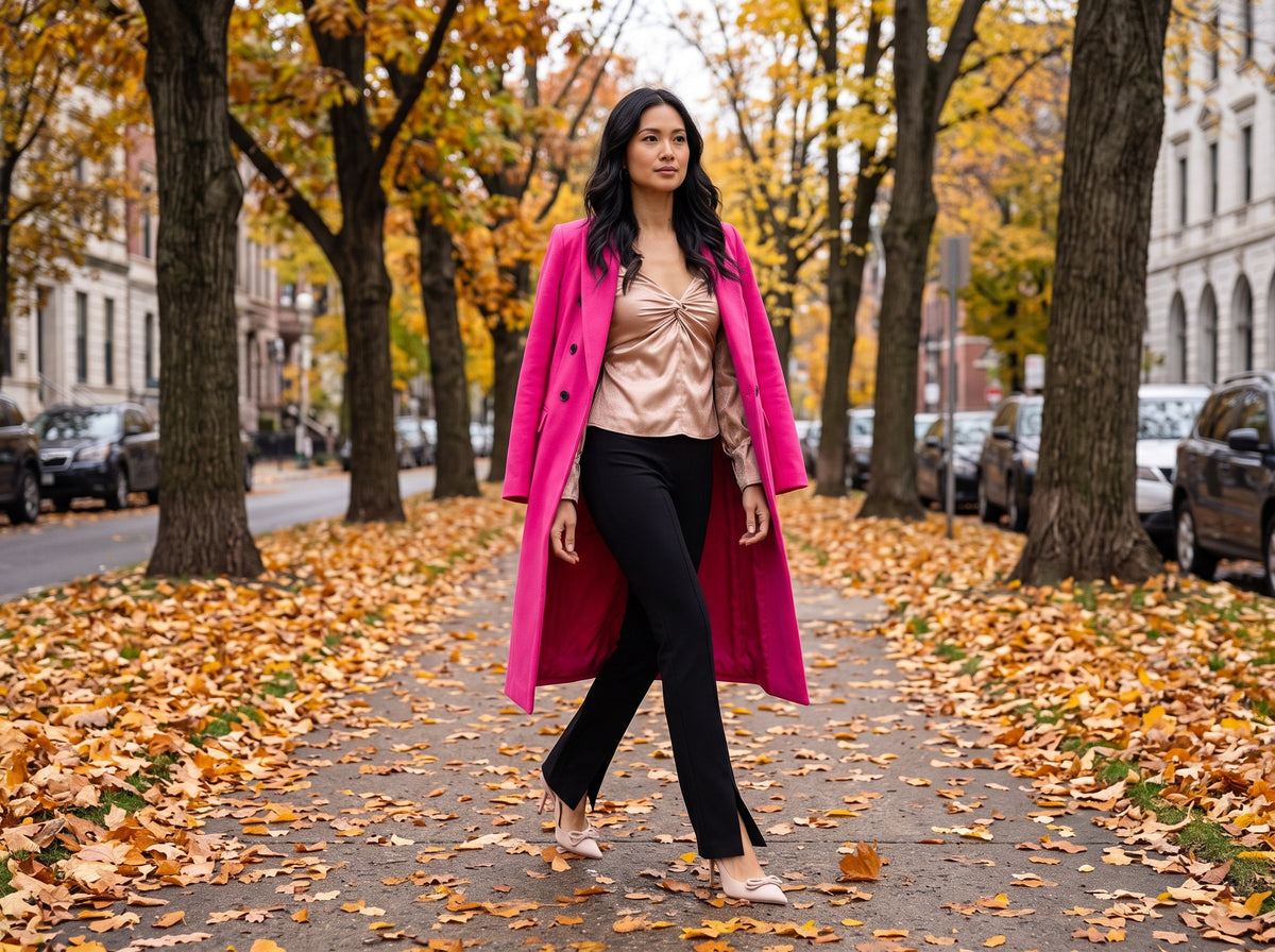 A woman in a long bright pink double-breasted coat over a champagne satin top, black flare pants and nude bow pumps, walking on a leafy autumn sidewalk