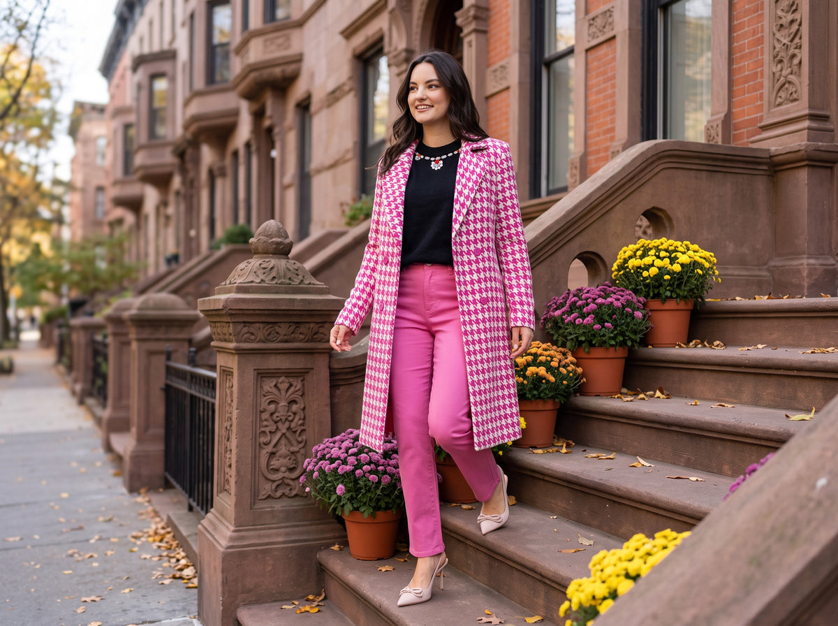 A woman in a long pink houndstooth coat over a black embellished sweater, pink straight-leg pants and nude pumps walks down brownstone steps lined with potted mums