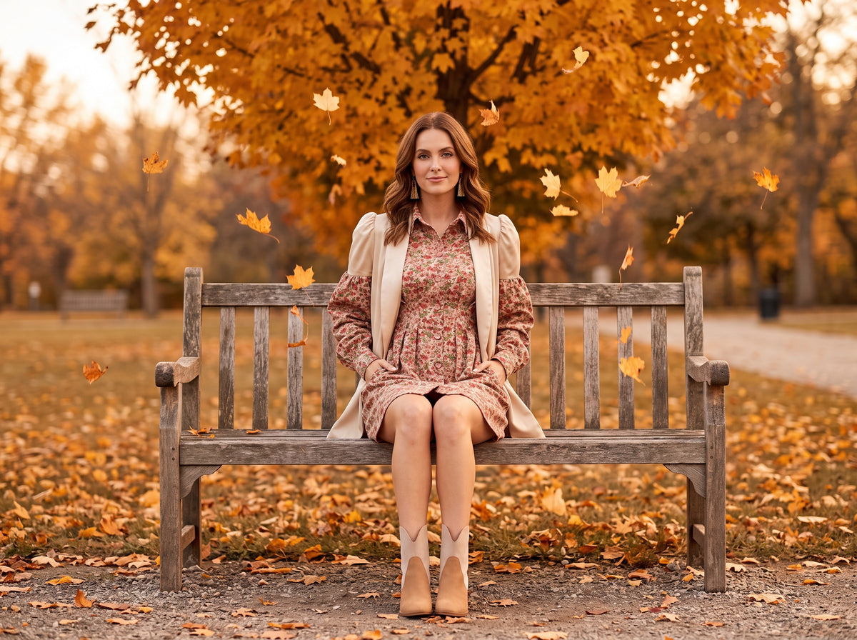 A woman in a long-sleeve pink floral mini dress, a cream cardigan blazer and tan booties sits on a park bench as golden leaves fall