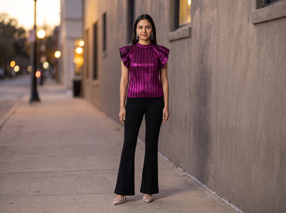 A woman in a magenta velvet ruffle-sleeve top, black flare pants, nude pumps and rhinestone earrings at dusk