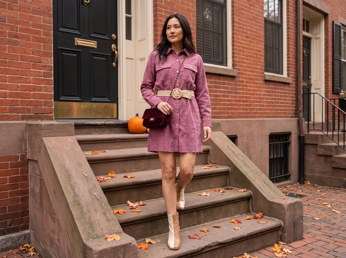 A woman in a mauve corduroy shirt dress with a braided belt, a burgundy velvet crossbody bag and cream ankle booties walks down brick townhouse steps scattered with autumn leaves
