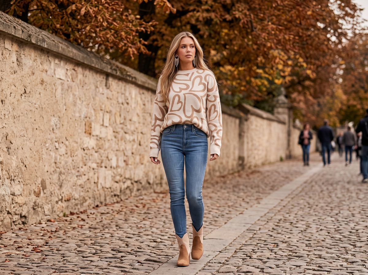 A woman in a mocha heart-pattern sweater, skinny jeans and suede ankle boots on a cobbled autumn street