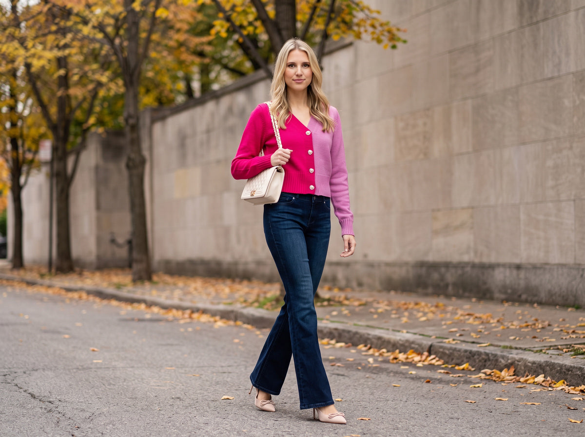 A woman in a pink heart-button sweater, dark flare jeans and nude bow pumps with a cream quilted bag