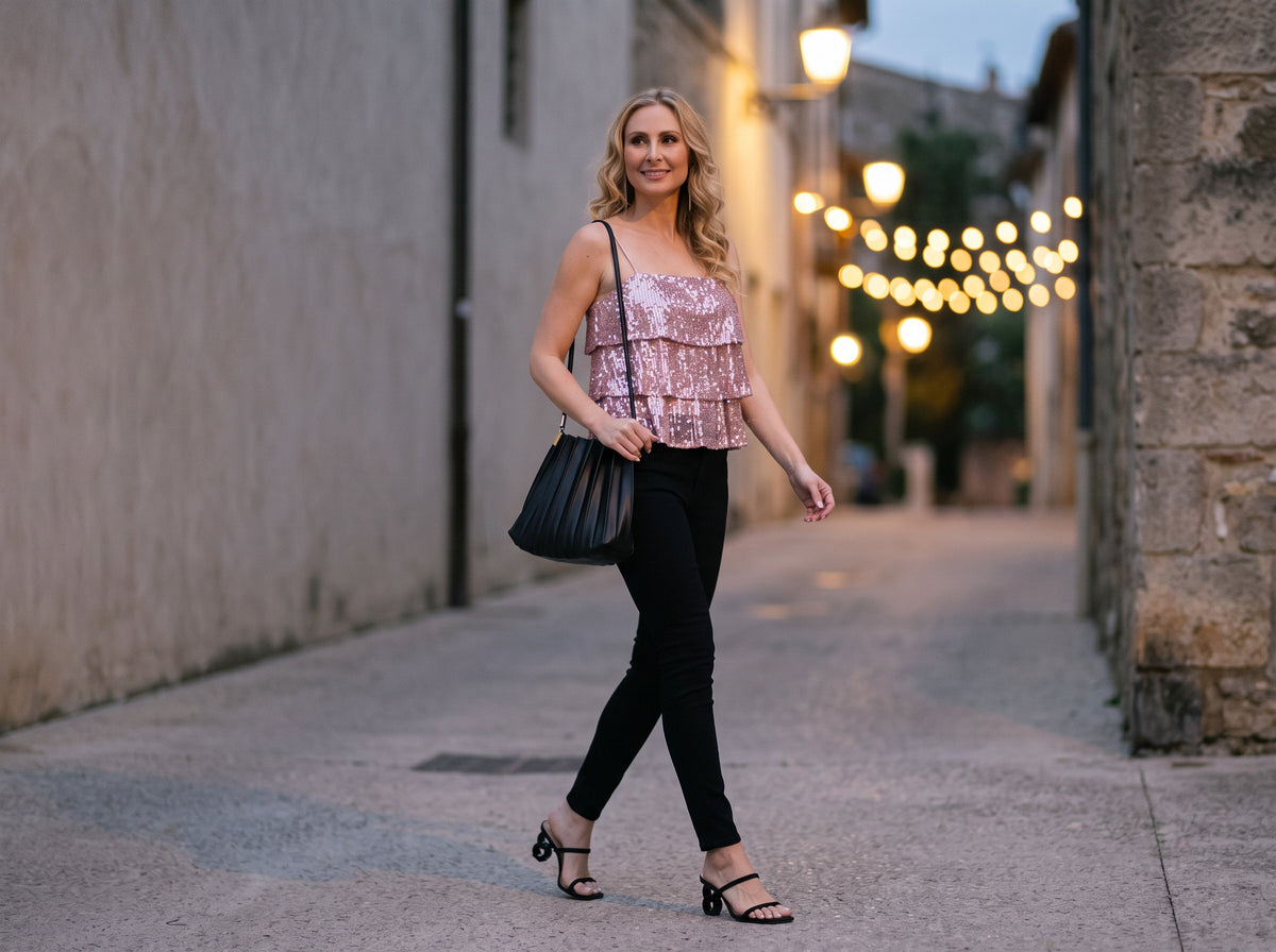 A woman in a pink sequin tiered cami, black jeans and black heeled sandals with a black pleated bag at dusk