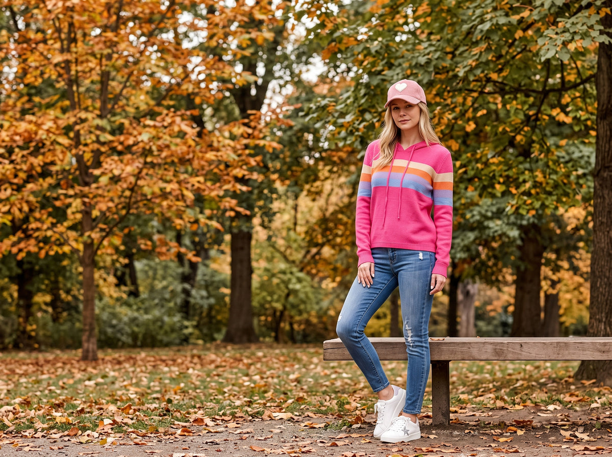 A woman in a pink striped hoodie sweater, skinny jeans, white sneakers and a pink cap in an autumn park