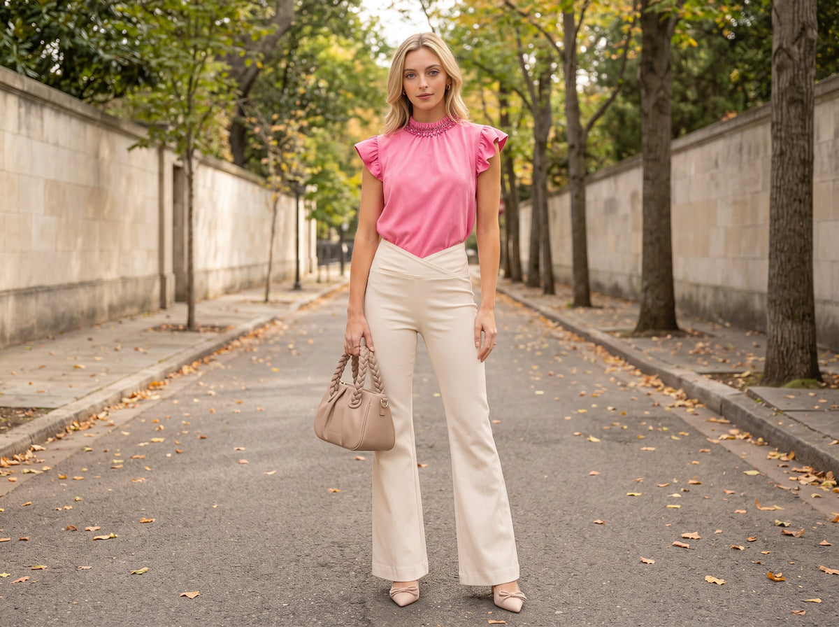 A woman in a pink suede flutter-sleeve top, cream flare jeans and nude pumps with a nude braided-handle bag