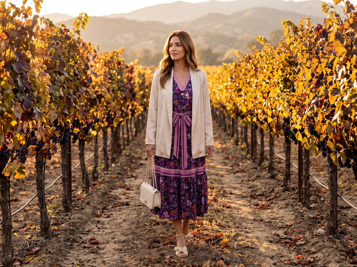 A woman in a purple floral belted long dress, a cream cardigan blazer, beige bow sandals and a cream quilted bag walks through an autumn vineyard at golden hour