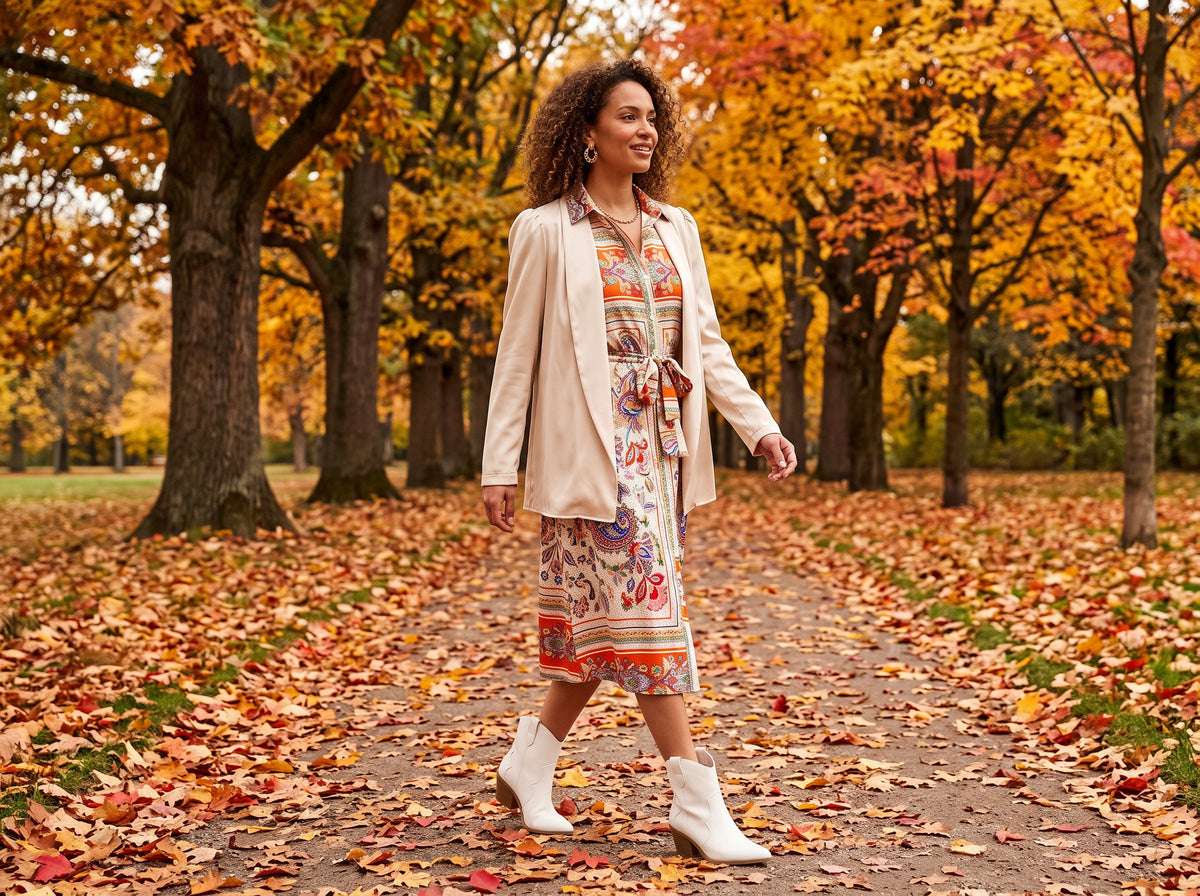 A woman in a scarf-print tie-waist shirt dress, a cream cardigan blazer and white western booties walks a park path covered in red and orange leaves