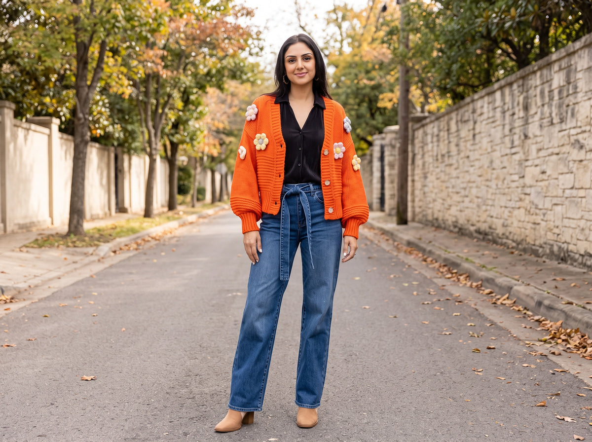 A woman in an orange daisy-patched cardigan over a black top, belted wide-leg jeans and tan booties
