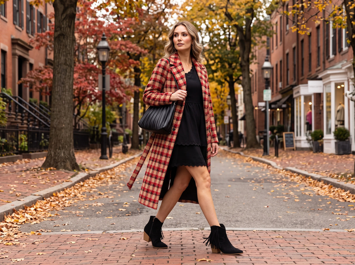 A woman in black fringe western ankle boots, a black tiered mini dress and a red plaid coat, carrying a black pleated bag on an autumn street