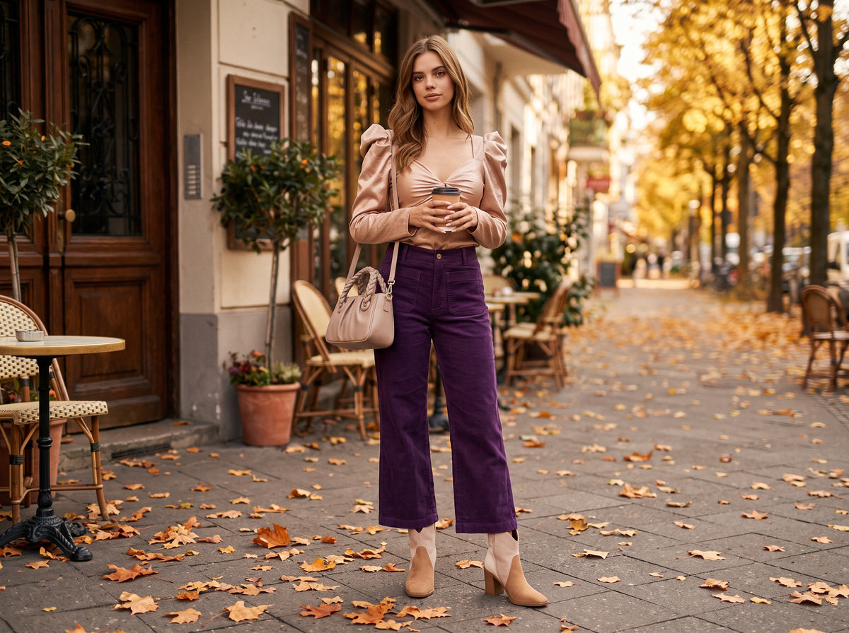 A woman in purple corduroy wide-leg pants, a champagne puff-sleeve top, a nude crossbody bag and tan ankle booties holds a coffee outside a cafe on a leaf-covered street