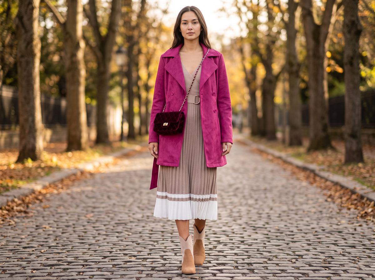 A woman in tan suede ankle booties, a beige pleated sweater dress, a berry pink trench coat and a burgundy velvet crossbody bag walks down a cobblestone lane in autumn