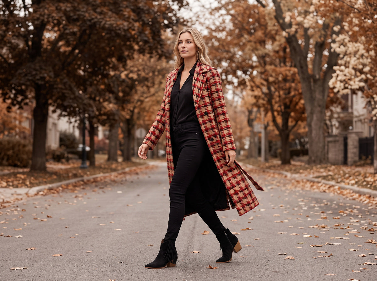 A woman walks down an autumn street in a red and cream plaid belted coat worn open over a black top, black skinny jeans and black tasselled ankle boots