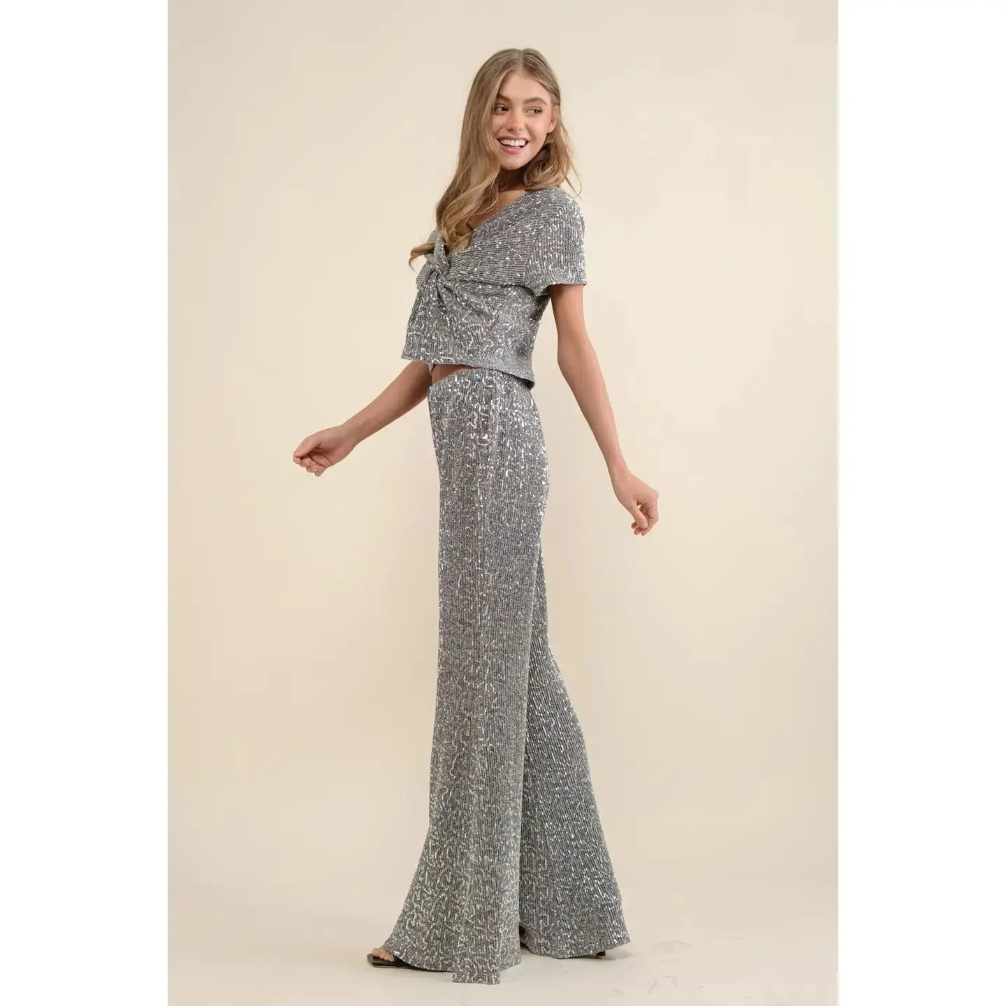 Totally Rocking Metallic Sequin Top with Wide Leg Pants Blue B