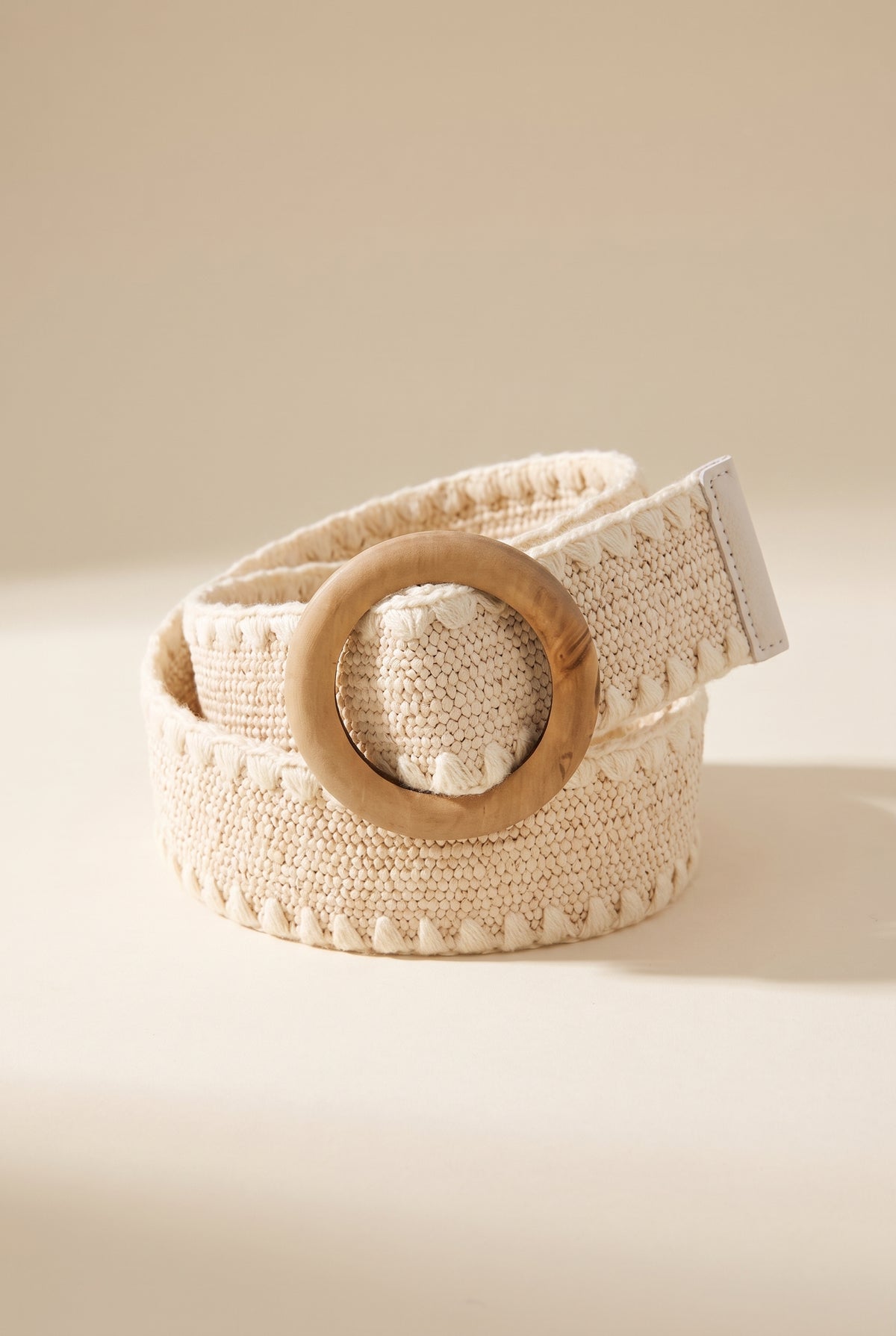 Alora Wooden Round Buckle Braided Belt, Ivory still life