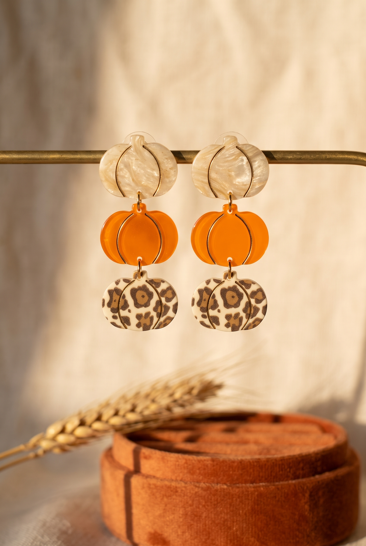 Amber Pumpkin Patch Earrings, Hanging display